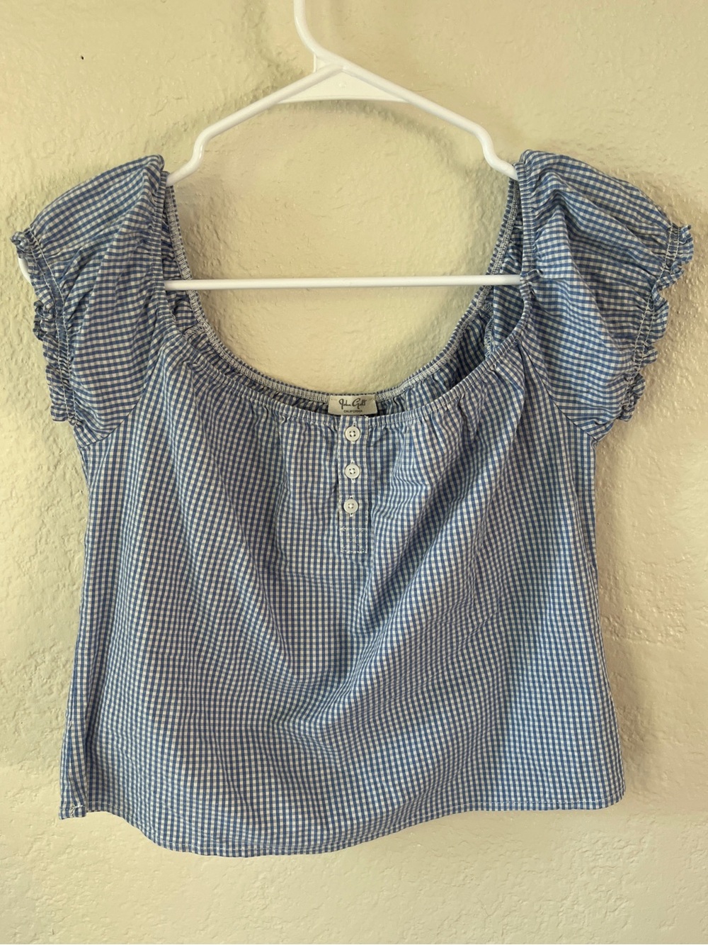 Brandy Melville John Galt Clarisse Blue & White Gingham Off the Shoulder Top OS - Picture 2 of 7